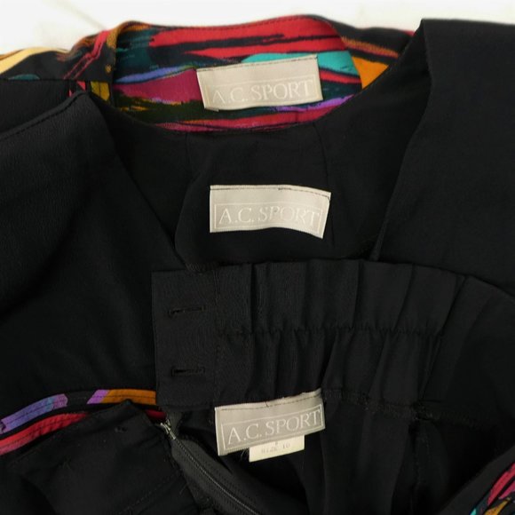 Vintage 3pc Black Abstract Pant Suit Blazer Blouse Trousers Basque Waist USA 10 - Picture 14 of 16